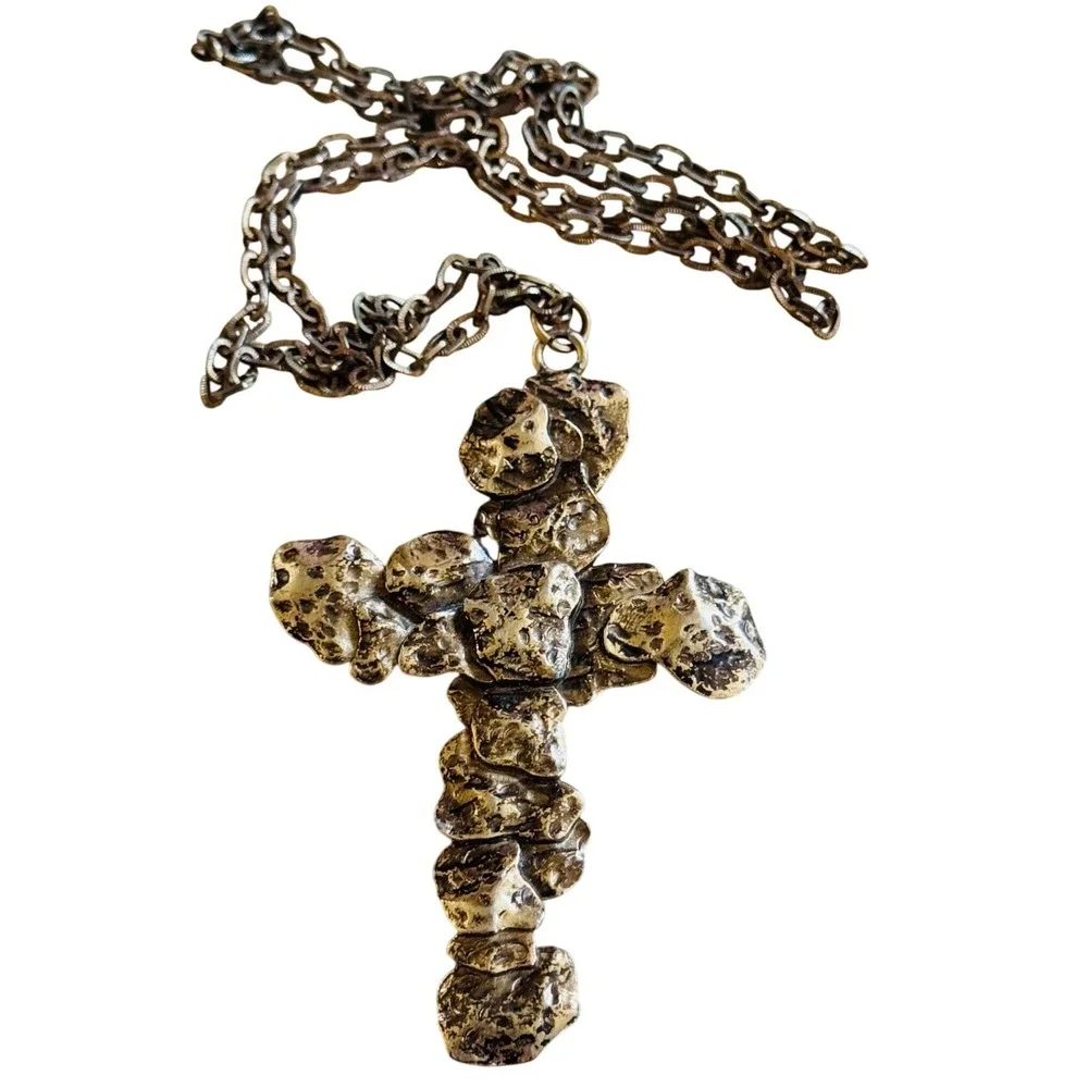 VTG Runway Regal Cross necklace Statement Bold Chunky Gold Tone‎ Brutalist 30